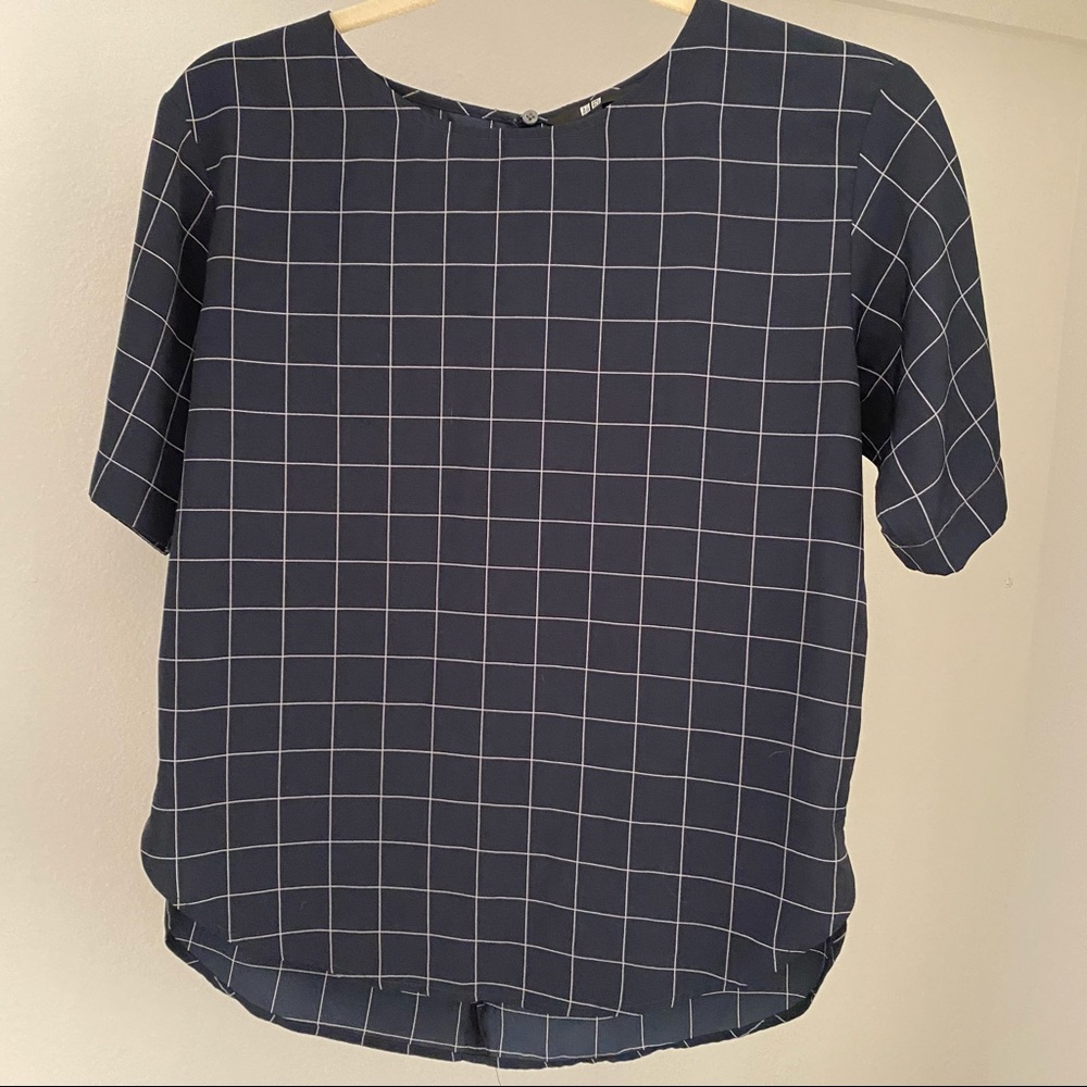 Uniqlo Navy Windowpane Grid Print Blouse | XS